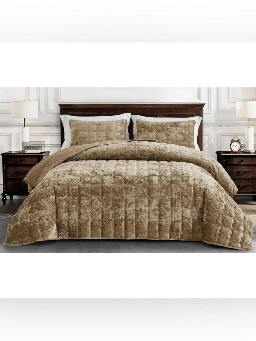 Luxury Velvet cal king 3 piece Quilted Comforter Set in Taupe